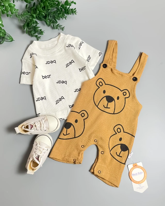 Miniapple Yazlık Badisi Bear Yazılı Fitilli Kumaş Ayıcık Baskılı Salopet Bebek Tulumu