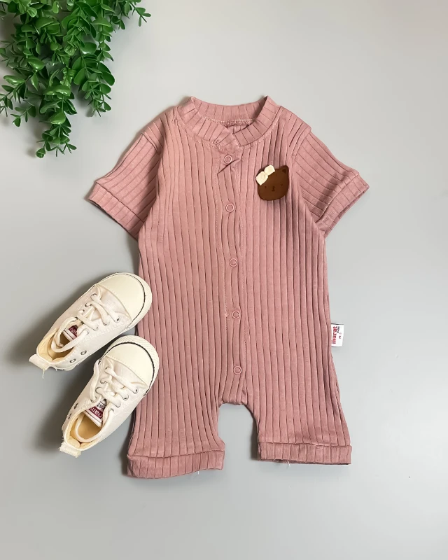 Miniapple Yazlık Kız Ayıcık Armalı Fitilli Kumaş Çıtçıtlı Bebek Tulumu - KAHVERENGİ