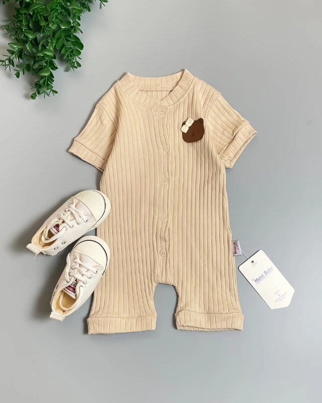 Miniapple Yazlık Kız Ayıcık Armalı Fitilli Kumaş Çıtçıtlı Bebek Tulumu - KREM