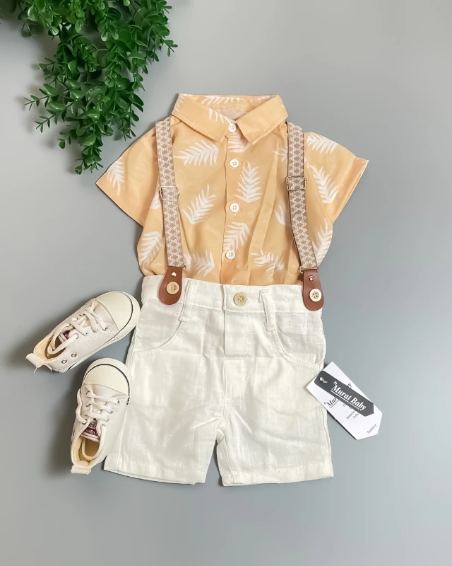 Miniapple Yazlık Palmiye Baskılı Askılı Gömlekli Bebek Takımı  - BORDO