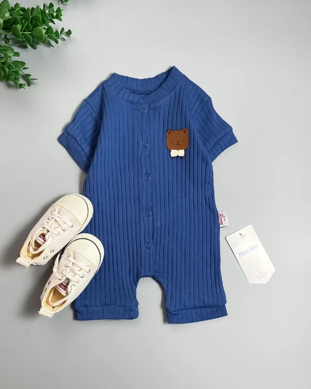 Miniapple Yazlık Erkek Ayıcık Armalı Fitilli Kumaş Çıtçıtlı Bebek Tulumu - LACİVERT