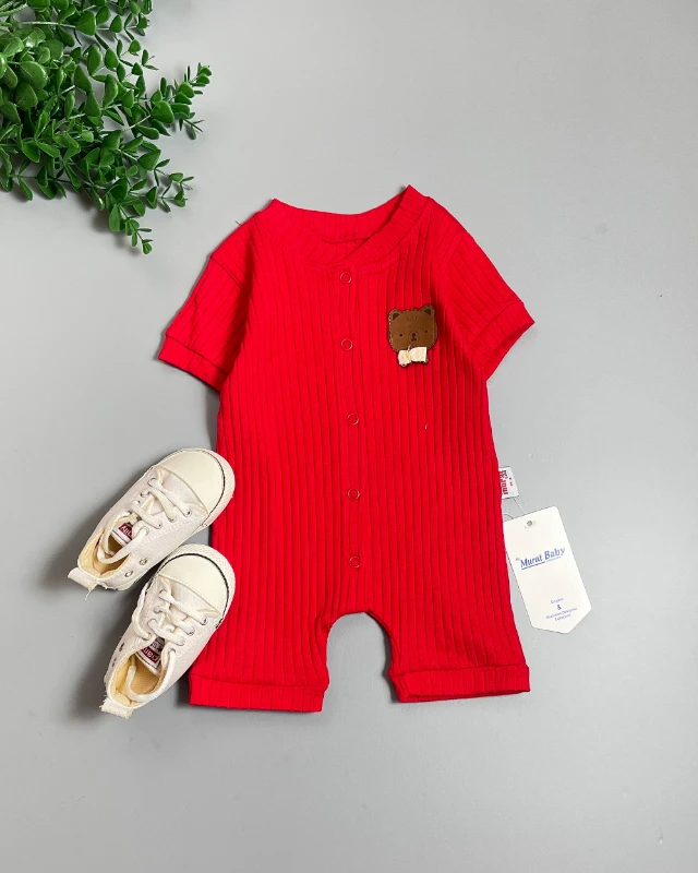 Miniapple Yazlık Erkek Ayıcık Armalı Fitilli Kumaş Çıtçıtlı Bebek Tulumu - KIRMIZI
