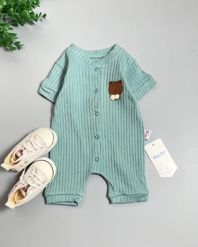 Miniapple Yazlık Erkek Ayıcık Armalı Fitilli Kumaş Çıtçıtlı Bebek Tulumu - YEŞİL