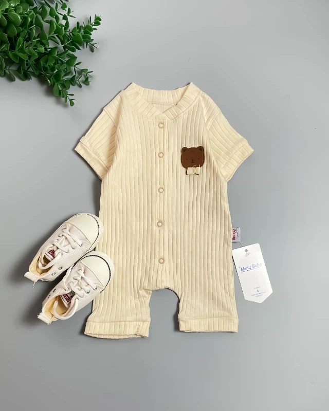 Miniapple Yazlık Erkek Ayıcık Armalı Fitilli Kumaş Çıtçıtlı Bebek Tulumu