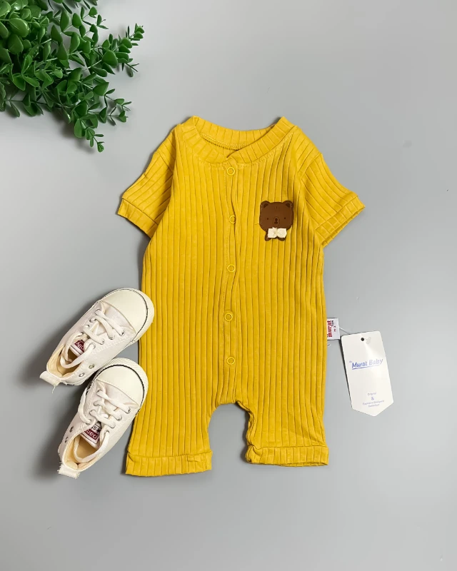 Miniapple Yazlık Erkek Ayıcık Armalı Fitilli Kumaş Çıtçıtlı Bebek Tulumu - HARDAL