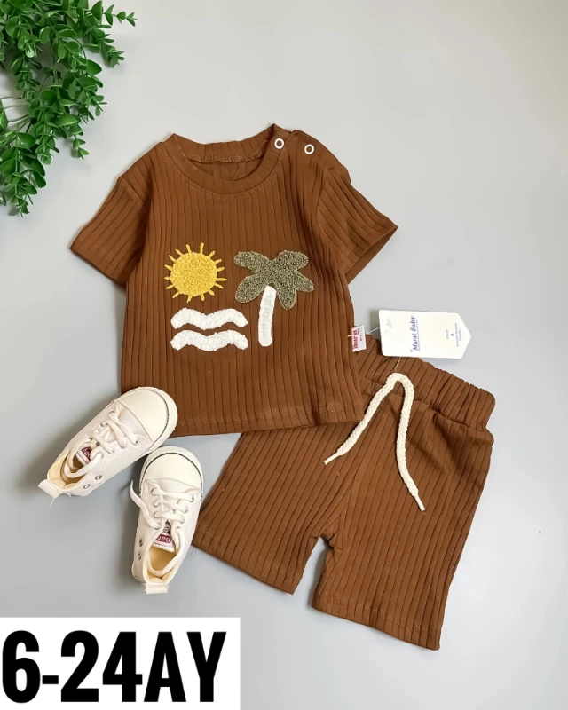 Miniapple Yazlık Süzene Güneş ve Ağaç Nakışlı Fitilli Kumaş 2’li Bebek Takımı - KAHVERENGİ