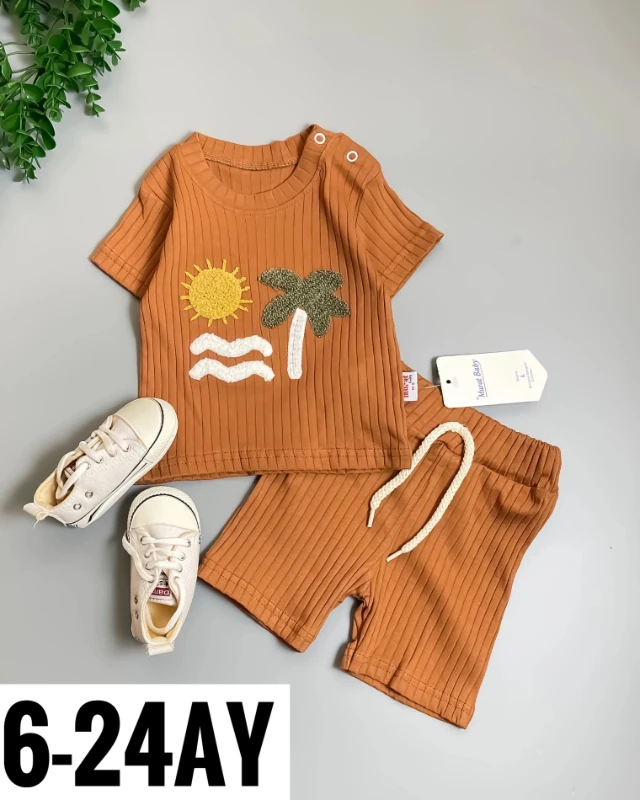 Miniapple Yazlık Süzene Güneş ve Ağaç Nakışlı Fitilli Kumaş 2’li Bebek Takımı