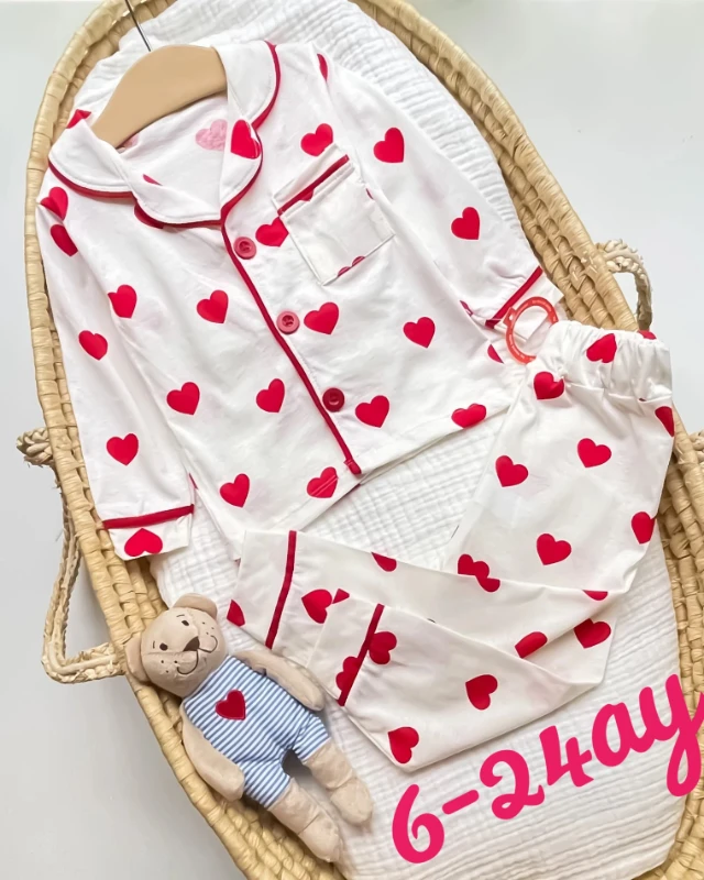 Miniapple Kalp Baskılı 2’li Bebek Pijama Takımı