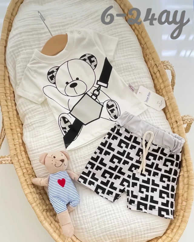 Miniapple Yazlık Çantalı Ayıcık Baskılı 2’li Bebek Takımı
