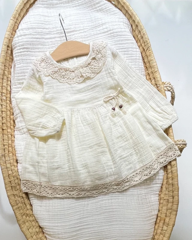 Miniapple Yakası ve Eteği Dantelli Bebek Elbisesi - BEYAZ