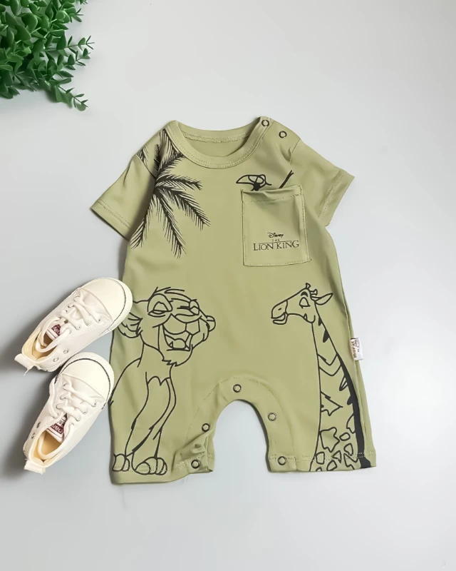 Miniapple Yazlık Palmiye Aslan ve Zürafa Baskılı Çıtçıtlı Bebek Tulumu - HAKİ