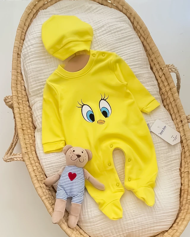 Miniapple Tiviti Baskılı Omuzdan ve Alttan Çıtçıtlı Bebek Tulumu - Sarı