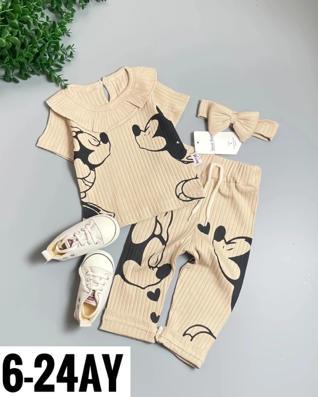 Miniapple Yazlık Sevgili Mini ve Miki Baskılı Fitilli Kumaş 2’li Bebek Takımı - KREM