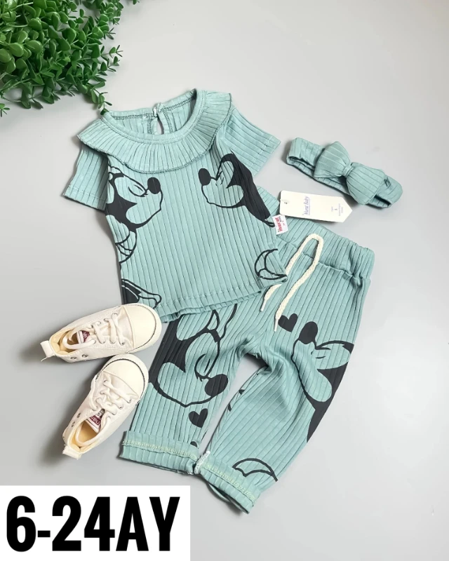 Miniapple Yazlık Sevgili Mini ve Miki Baskılı Fitilli Kumaş 2’li Bebek Takımı