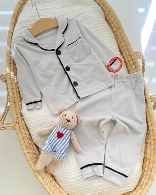 Miniapple Yakalı Düz Renk 2’li Bebek Pijama Takımı - GRİ