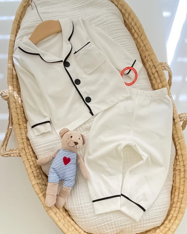 Miniapple Yakalı Düz Renk 2’li Bebek Pijama Takımı - BEYAZ