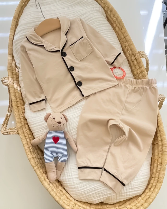 Miniapple Yakalı Düz Renk 2’li Bebek Pijama Takımı - KREM
