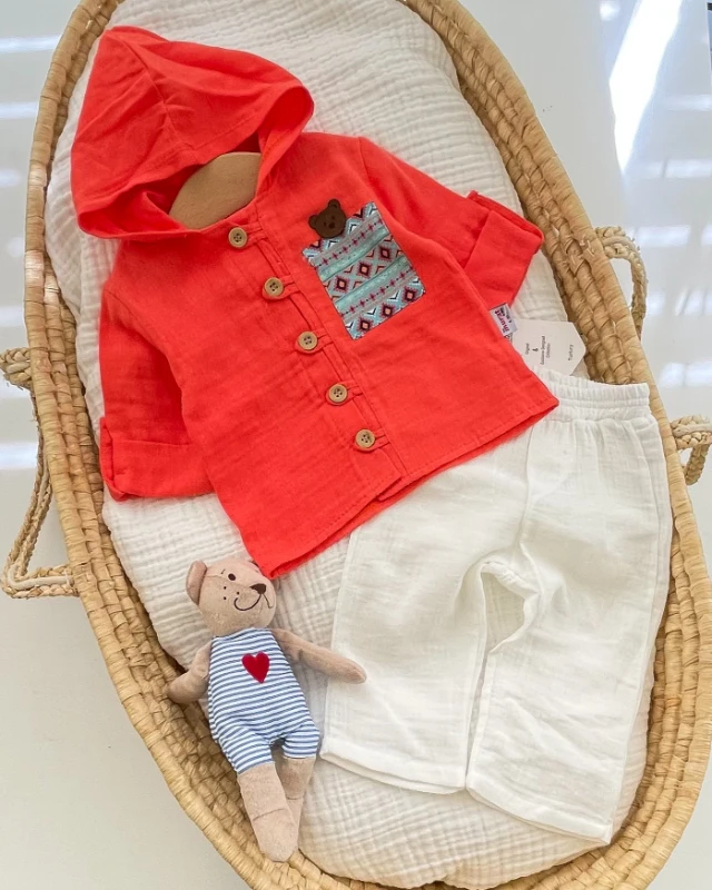 Miniapple Yazlık Cebi Kilim Desenli Kapüşonlu Müslin Kumaş 2’li Bebek Takımı  - NAR ÇİÇEĞİ