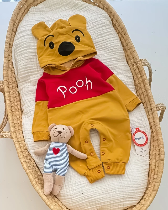 Miniapple Pooh Nakışlı Kapüşonlu Kostüm Bebek Tulumu