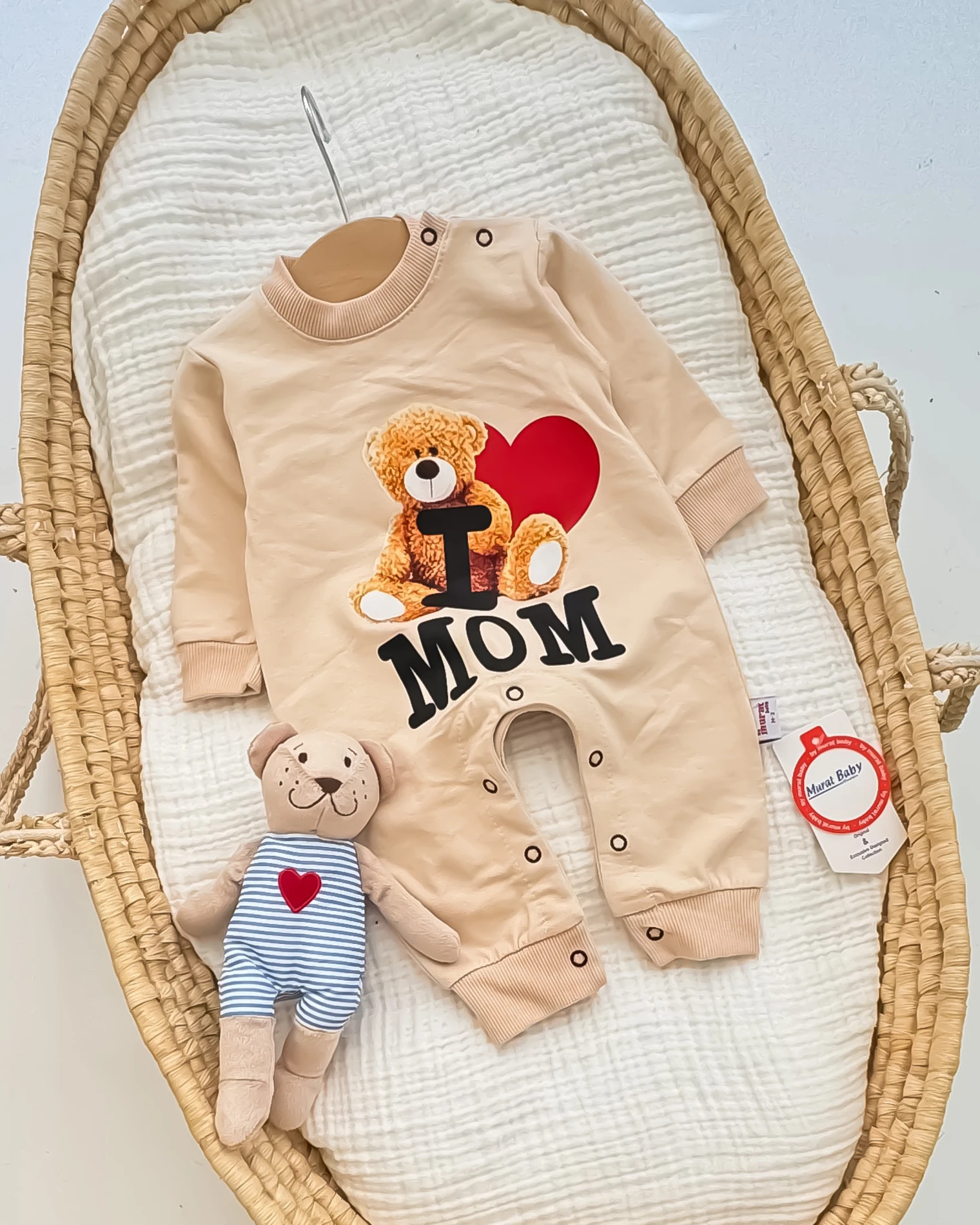 Miniapple Ayıcık I Mom Baskılı Omuzdan ve Alttan Çıtçıtlı Bebek Tulumu