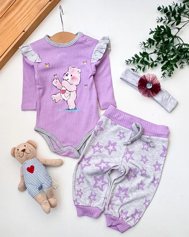Coşay Ayıcık Baskılı Raporlu Kumaş Karpuz Kol Bandanalı 2’li Bebek Takım