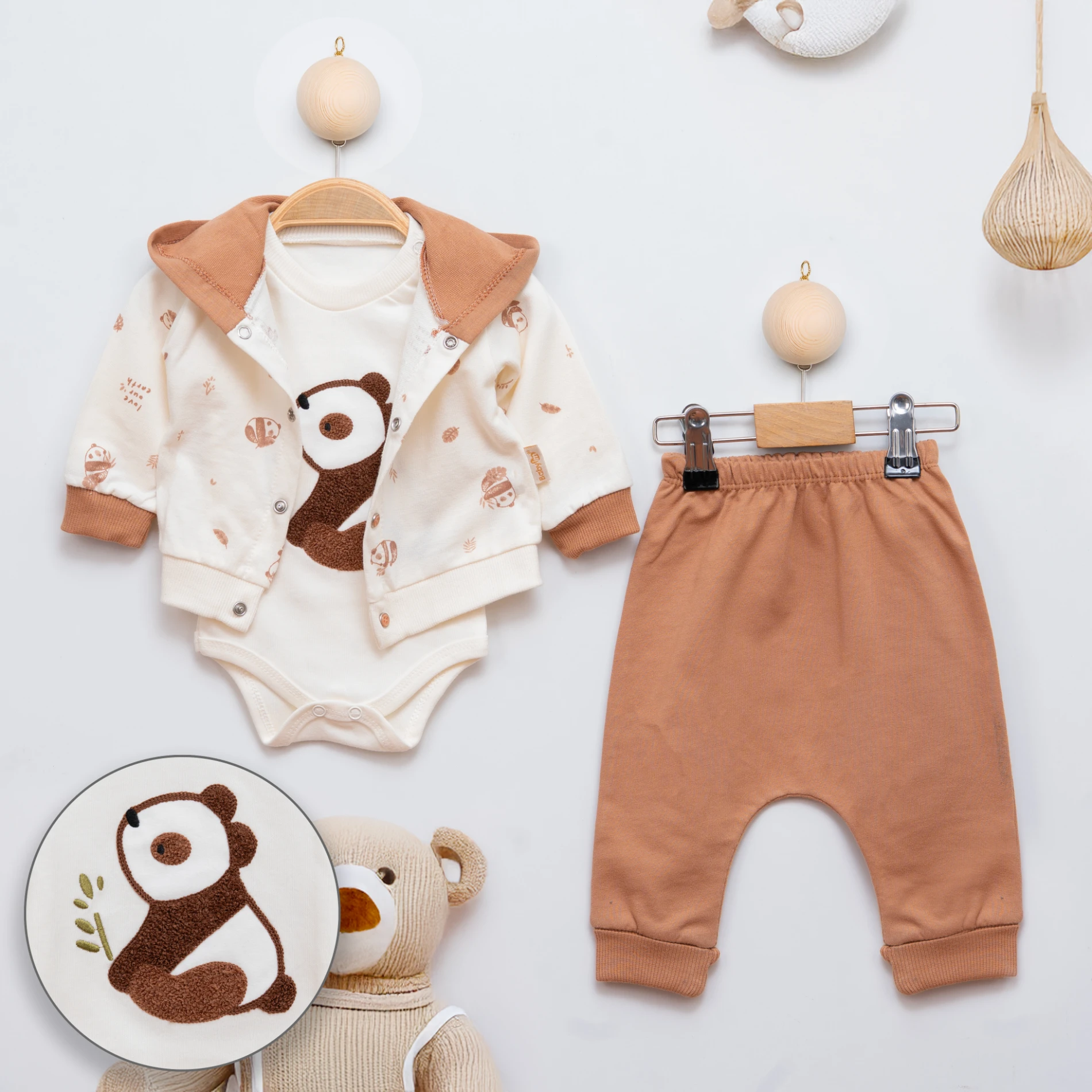 Babyim Hırkalı Panda Nakışlı Badili 3’lü Bebek Takım - Açık Kahve