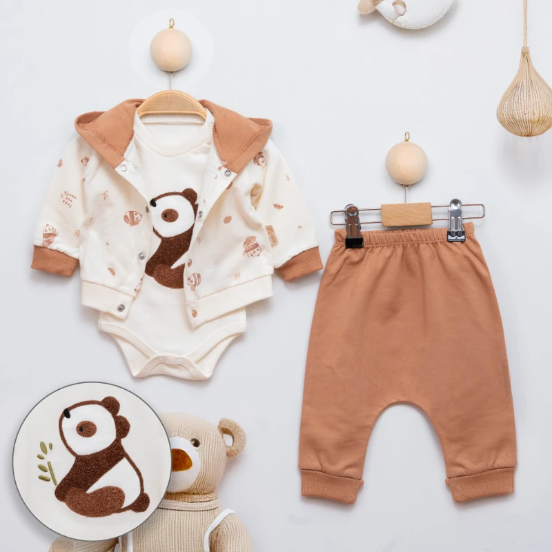 Babyim Hırkalı Panda Nakışlı Badili 3’lü Bebek Takım - Açık Kahve