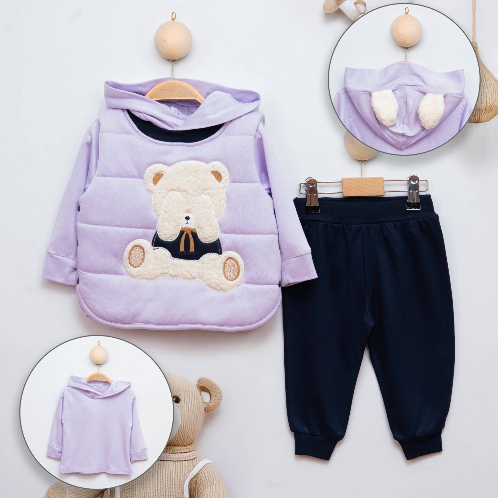 Kids Şişme Yelekli Ayıcık Nakışlı Badili 3’lü Bebek Takım