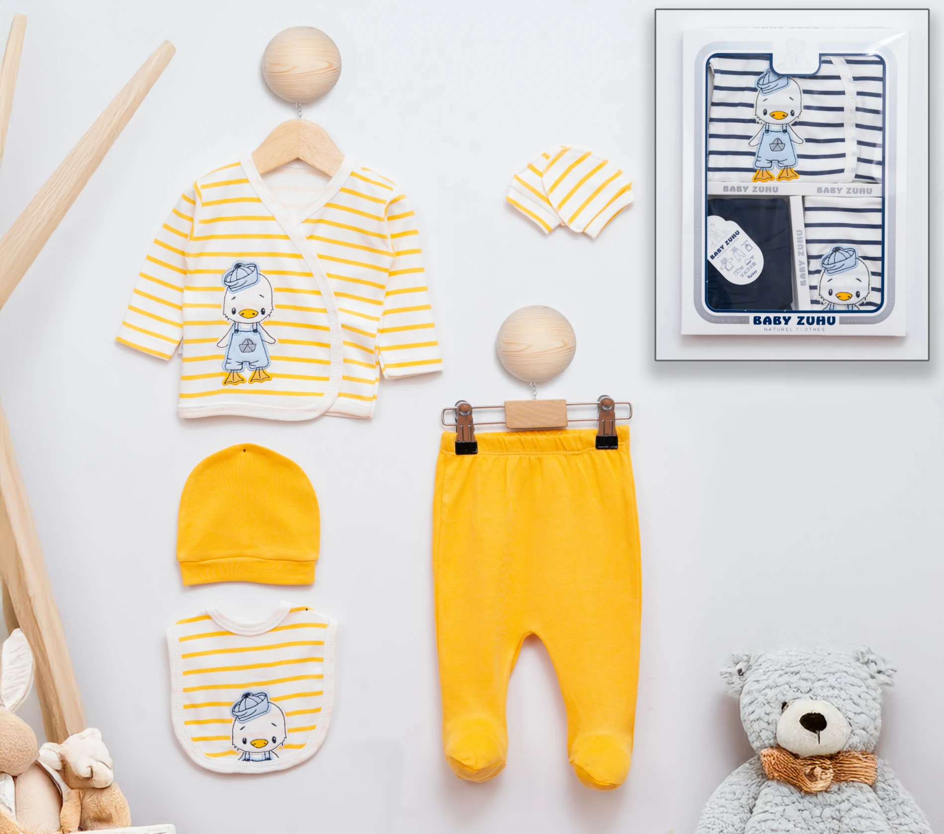 Baby Zuhu Ördek Nakışlı 5 Parça Hastane Çıkışı Seti
