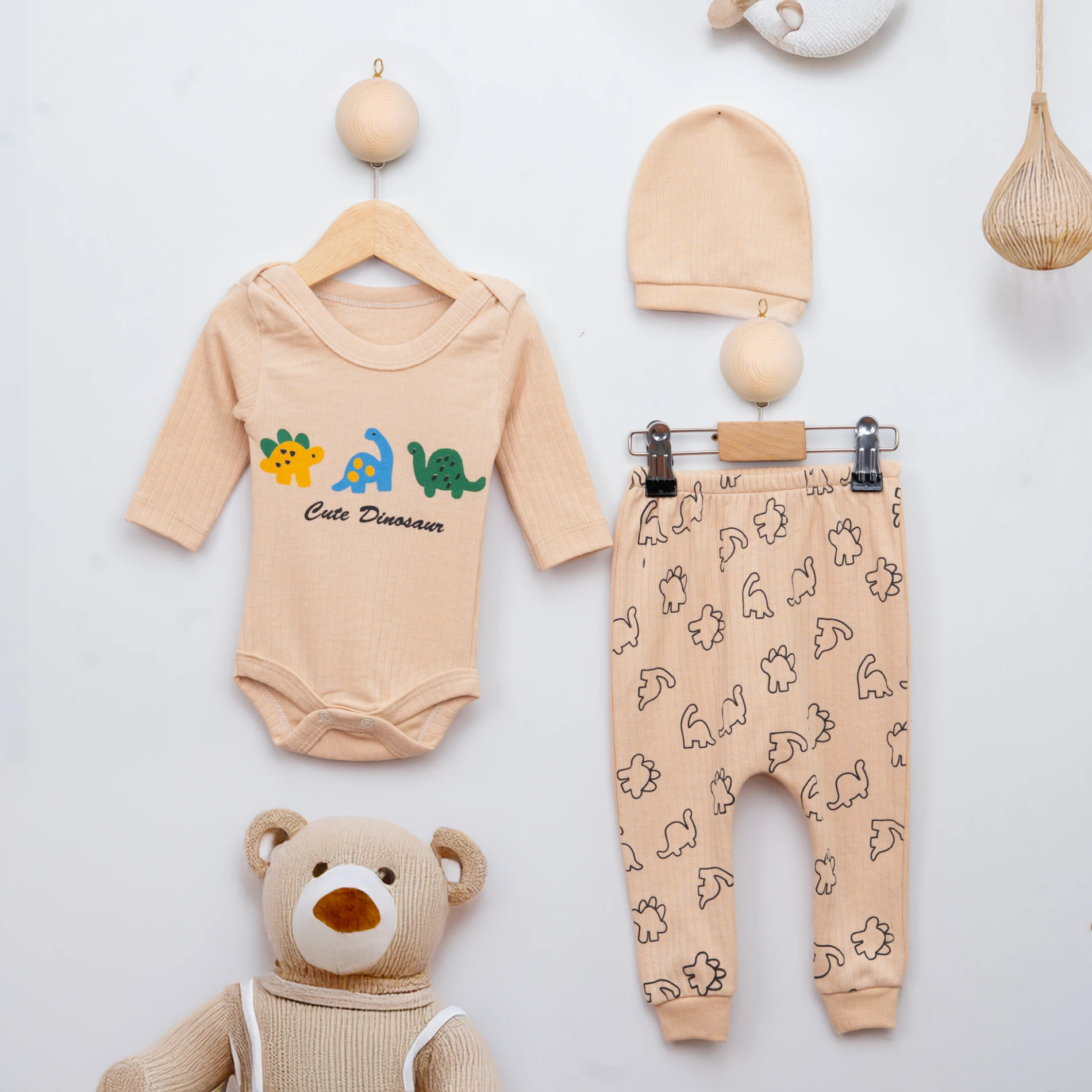 Baby Cute Dinozor Baskılı Şapkalı 3’lü Bebek Takım