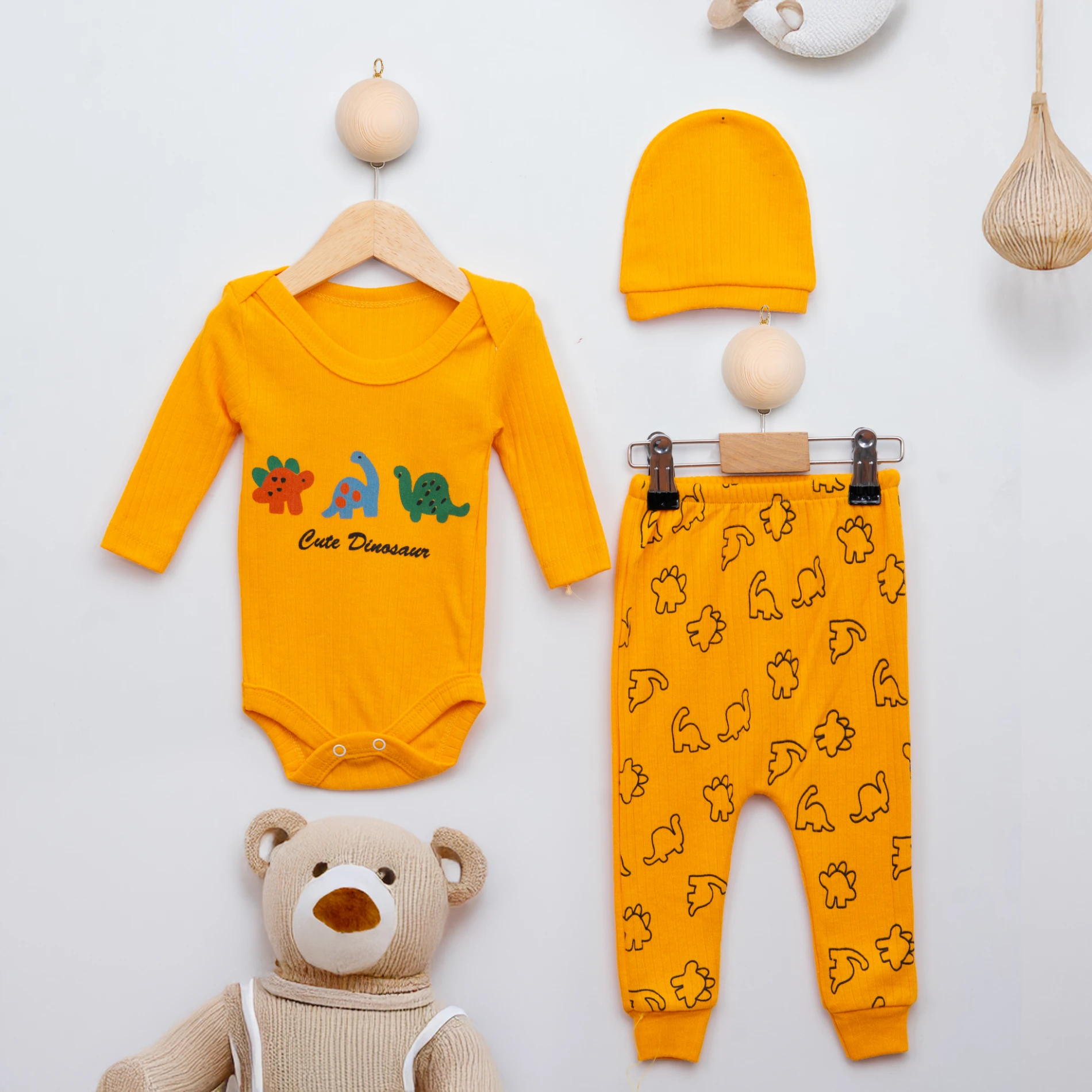 Kaan Baby Cute Dinozor Baskılı Şapkalı 3’lü Bebek Takım