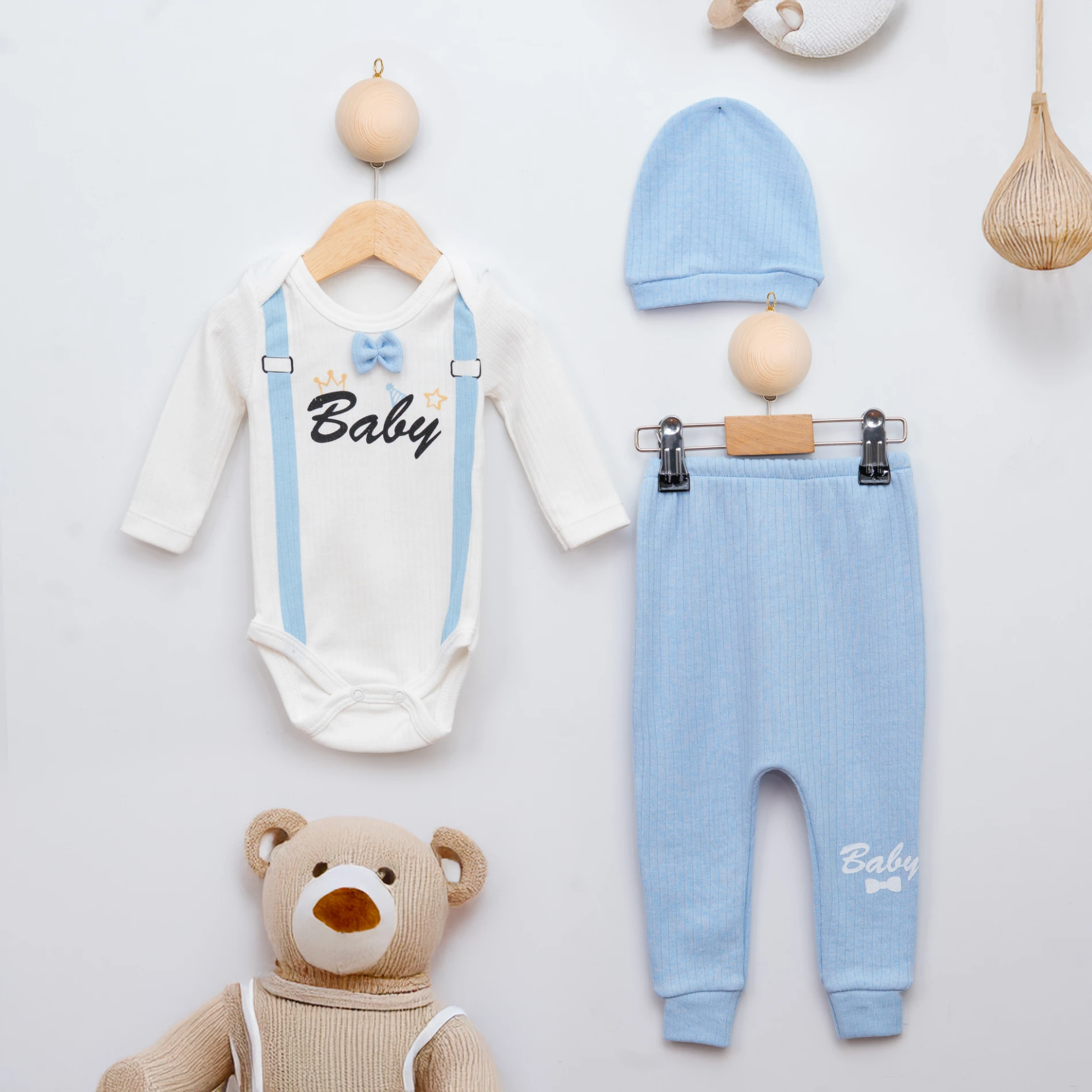 Kaan Baby Papyonlu Baby Baskılı Şapkalı 3’lü Bebek Takım
