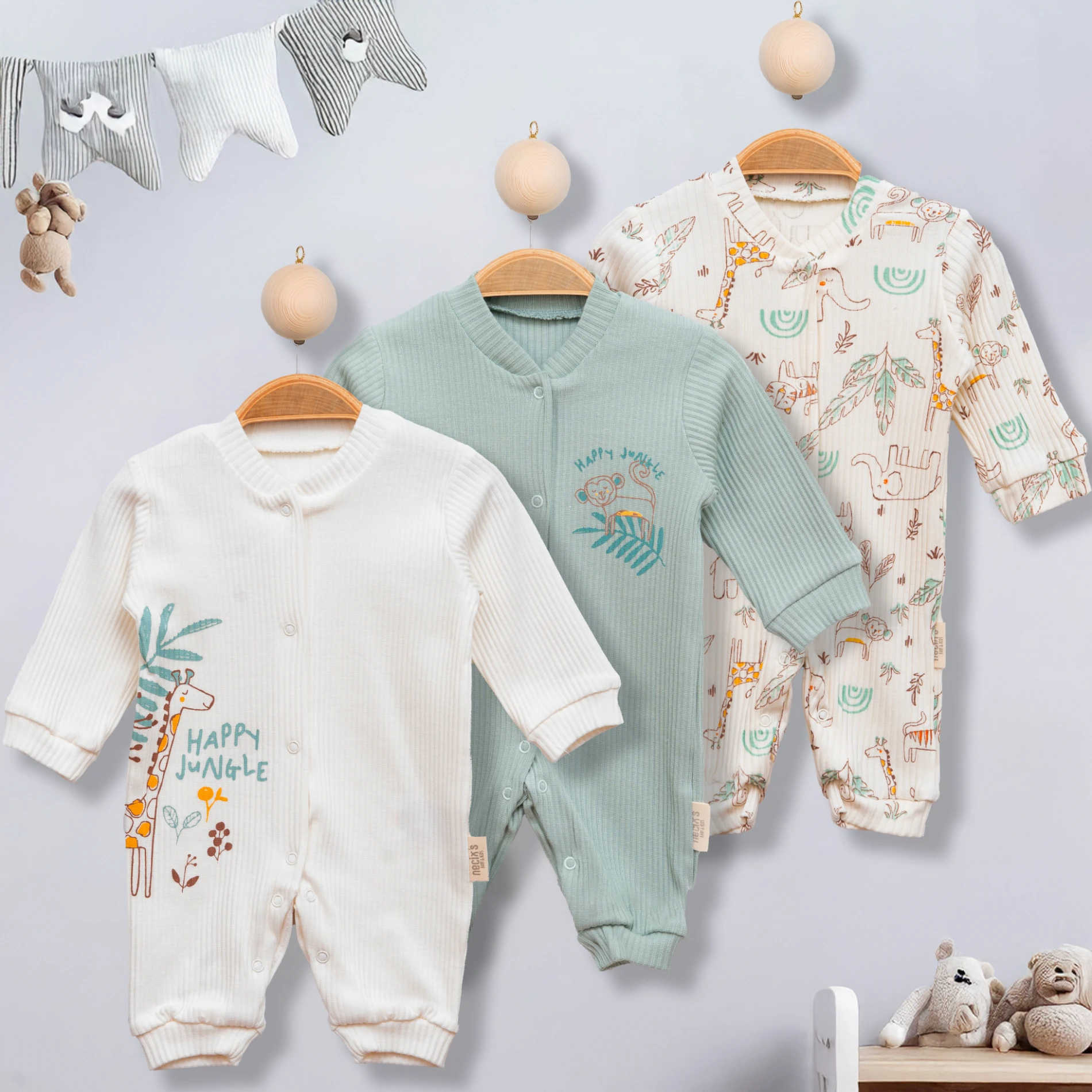 Necix Happy Jungle Baskılı 3’lü Bebek Tulum Set