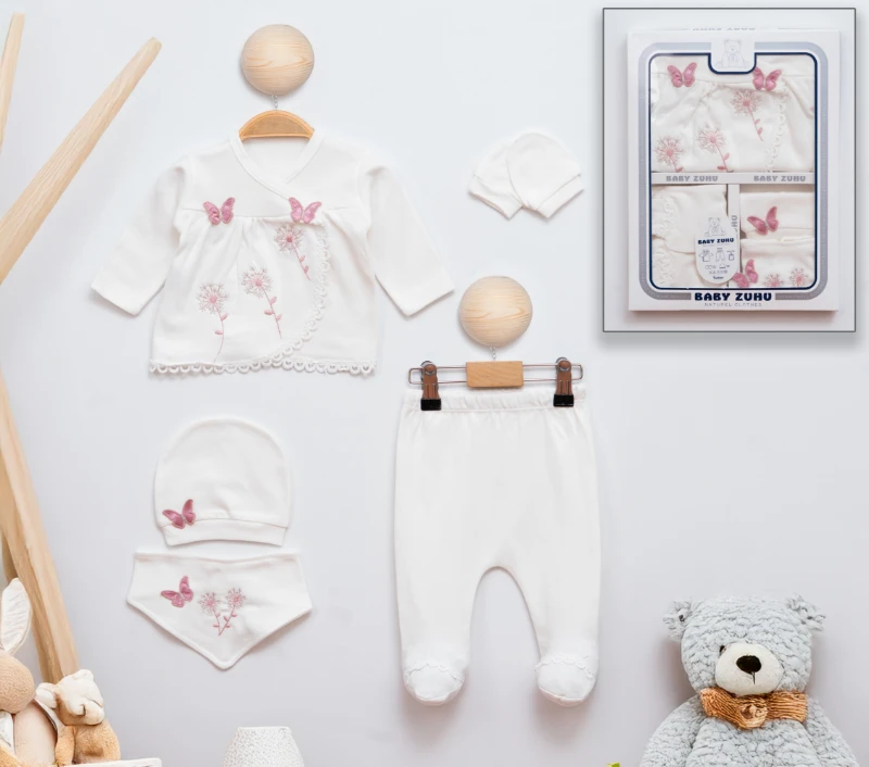 Baby Zuhu Kelebek Nakışlı 5 Parça Hastane Çıkışı Seti