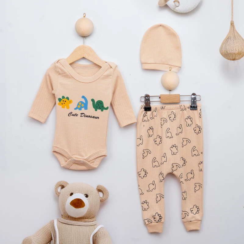 Kaan Baby Cute Dinozor Baskılı Şapkalı 3’lü Bebek Takım