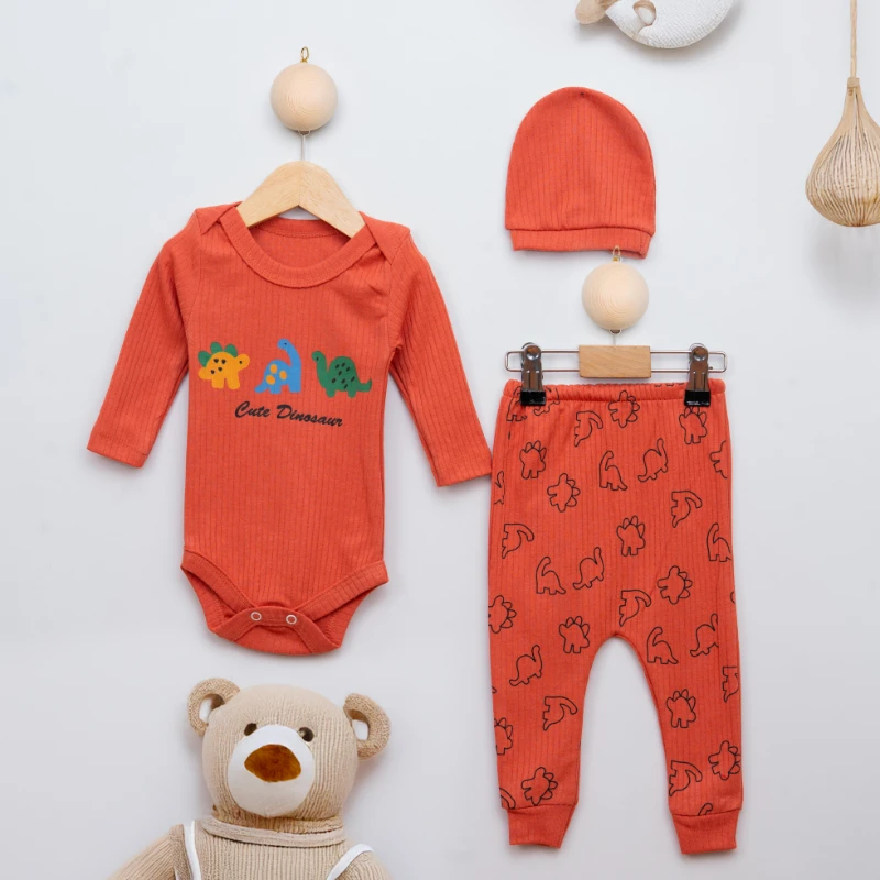 Kaan Baby Cute Dinozor Baskılı Şapkalı 3’lü Bebek Takım