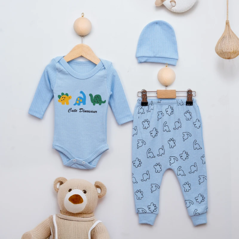 Kaan Baby Cute Dinozor Baskılı Şapkalı 3’lü Bebek Takım