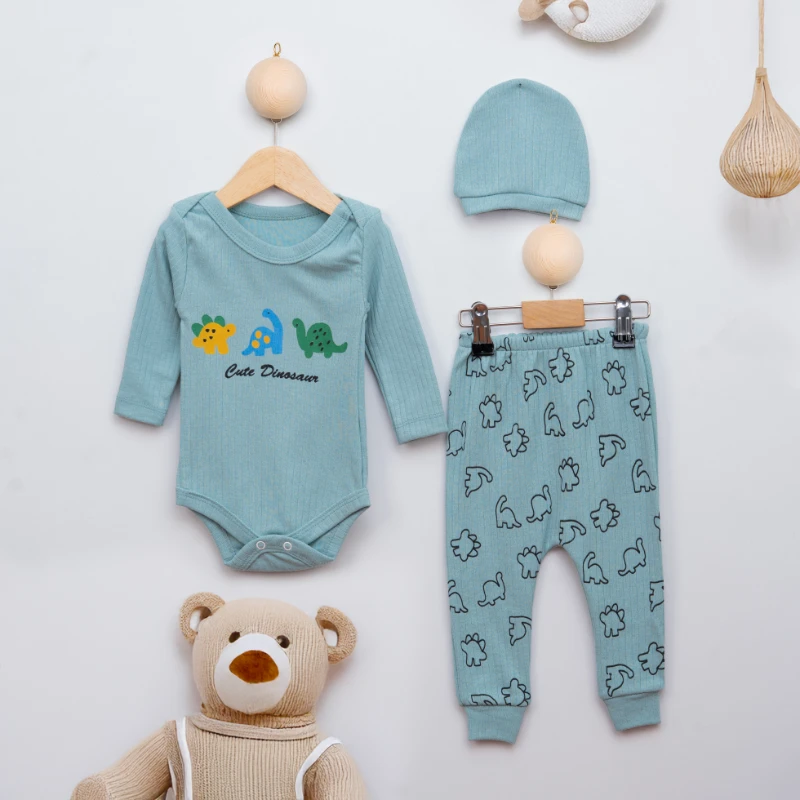 Kaan Baby Cute Dinozor Baskılı Şapkalı 3’lü Bebek Takım
