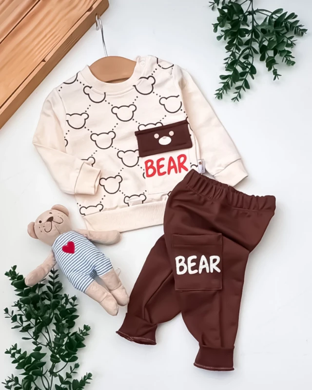 Kiddimax Bear Baskılı Cepli 2’li Bebek Takım