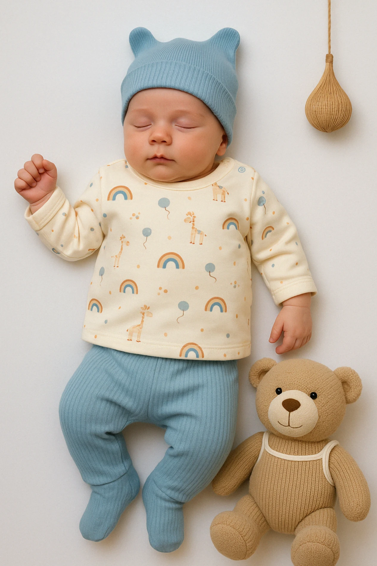 Babycan Gökkuşağı Baskılı Şapkalı Raporlu Kumaş 3’lü Bebek Zıbın Takım