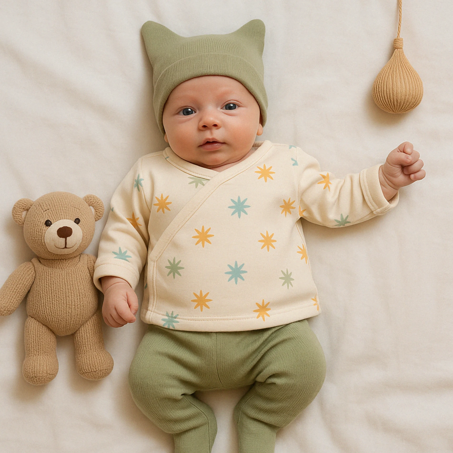 Babycan Renkli Yıldızlar Baskılı Şapkalı Raporlu Kumaş 3’lü Bebek Zıbın Takım