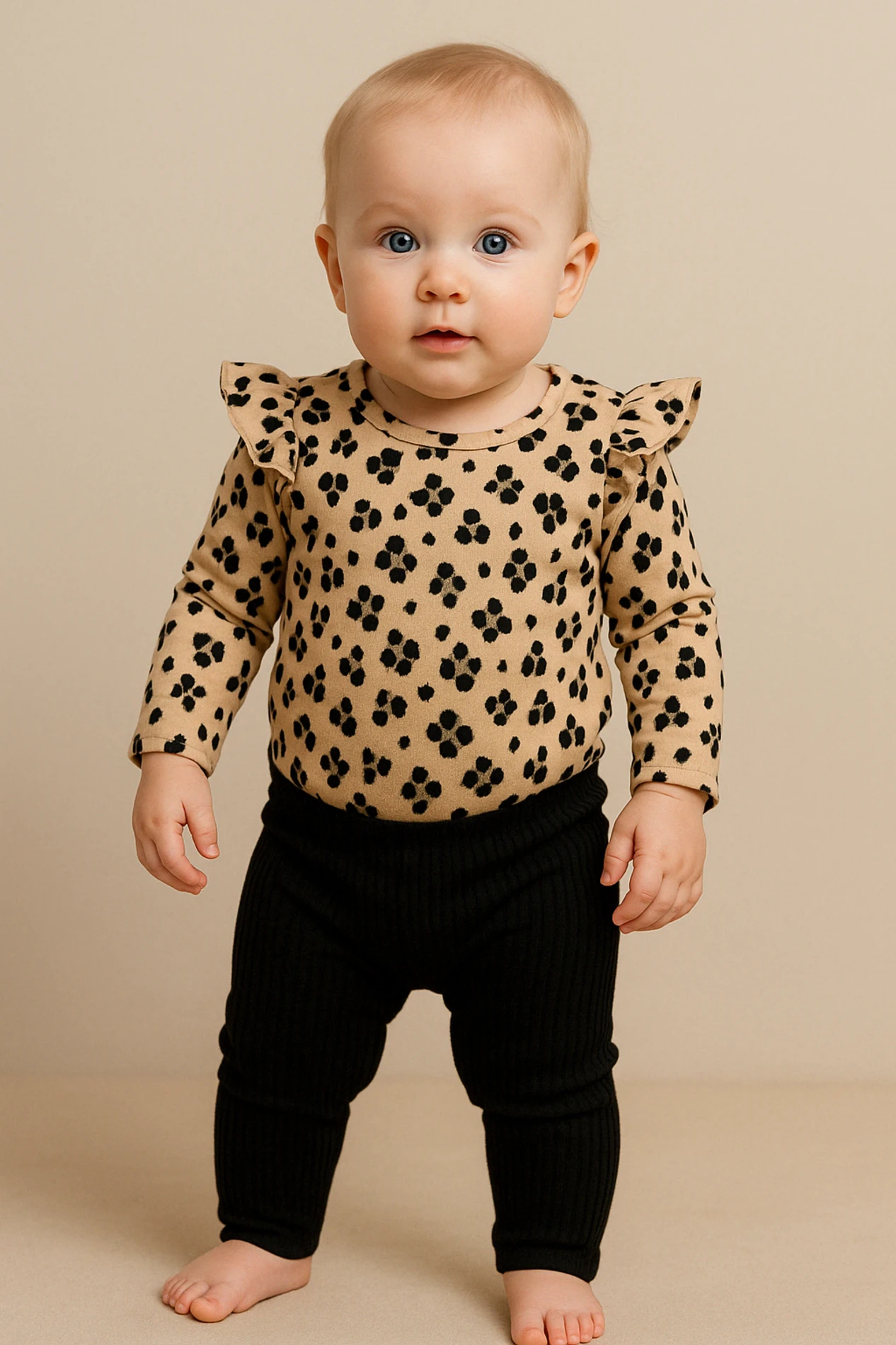 Flower Leopar Baskılı Raporlu Kumaş Kolları Fırfırlı 2’li Bebek Takım - Bej