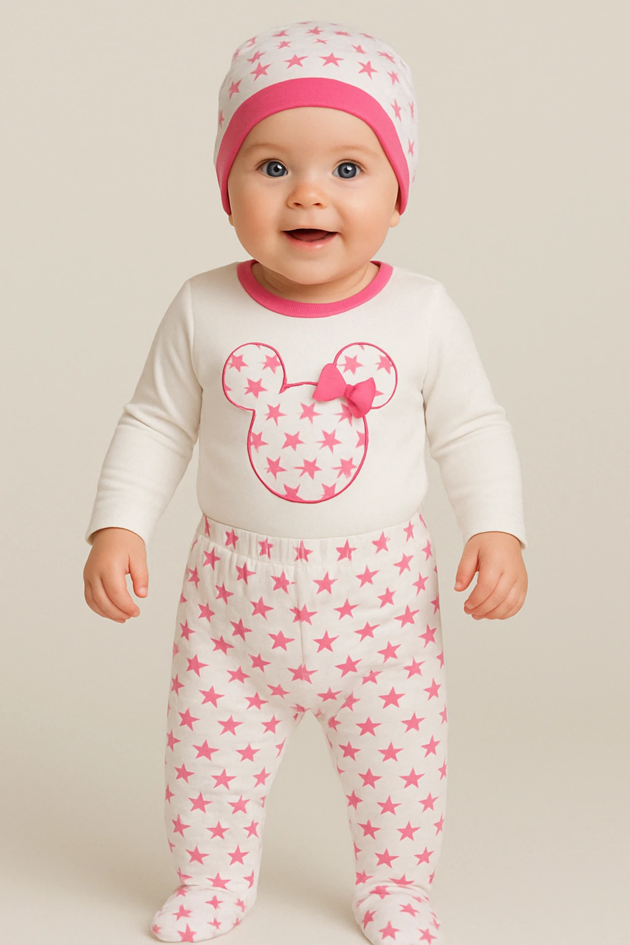 Minibird Yıldızlı Miki ve Minie Baskılı Şapkalı 3’lü Bebek Takım