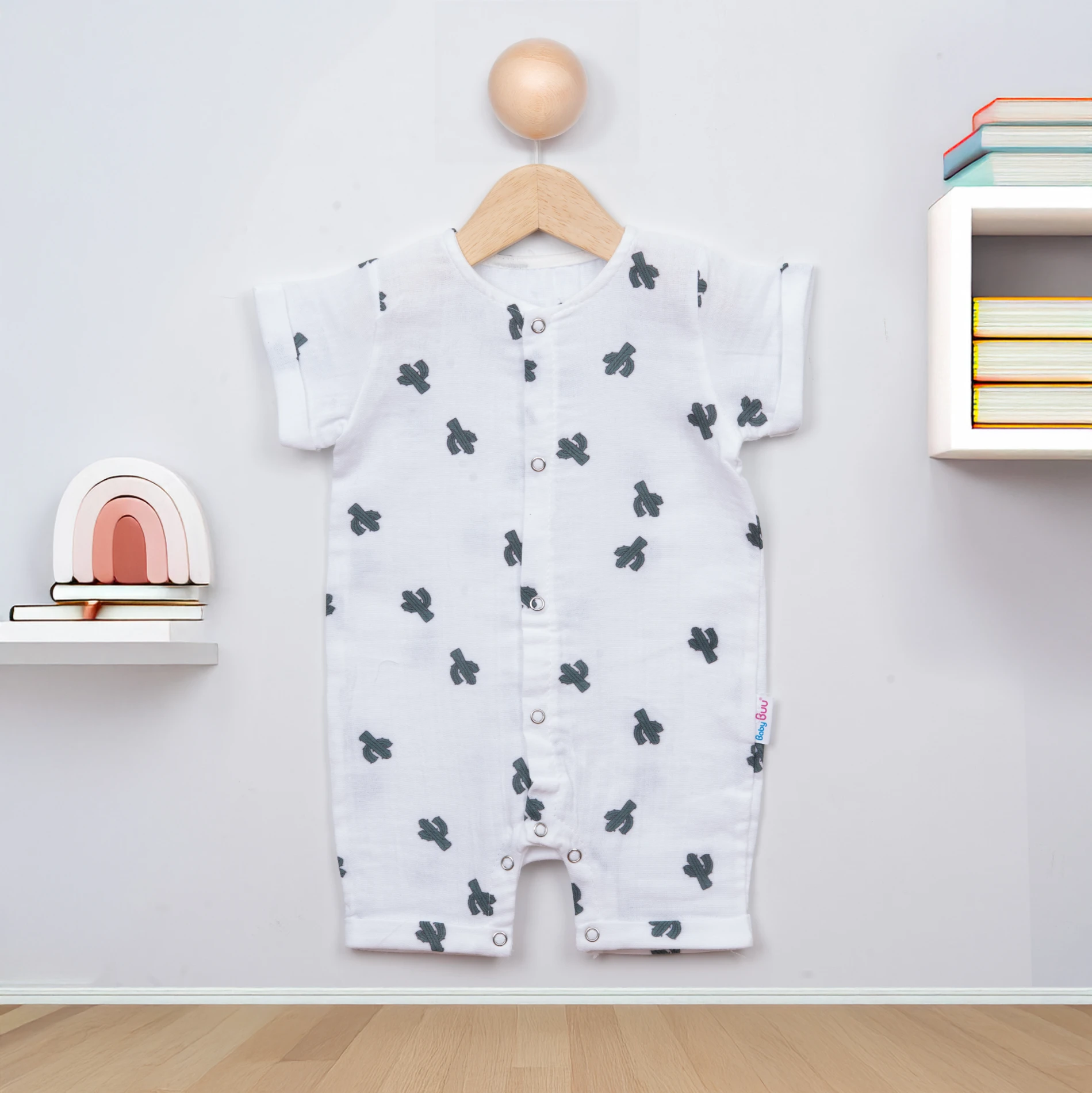 Baby Buu Yazlık Kaktüs Baskılı Müslin Baskılı Çıtçıtlı Bebek Tulum - Beyaz