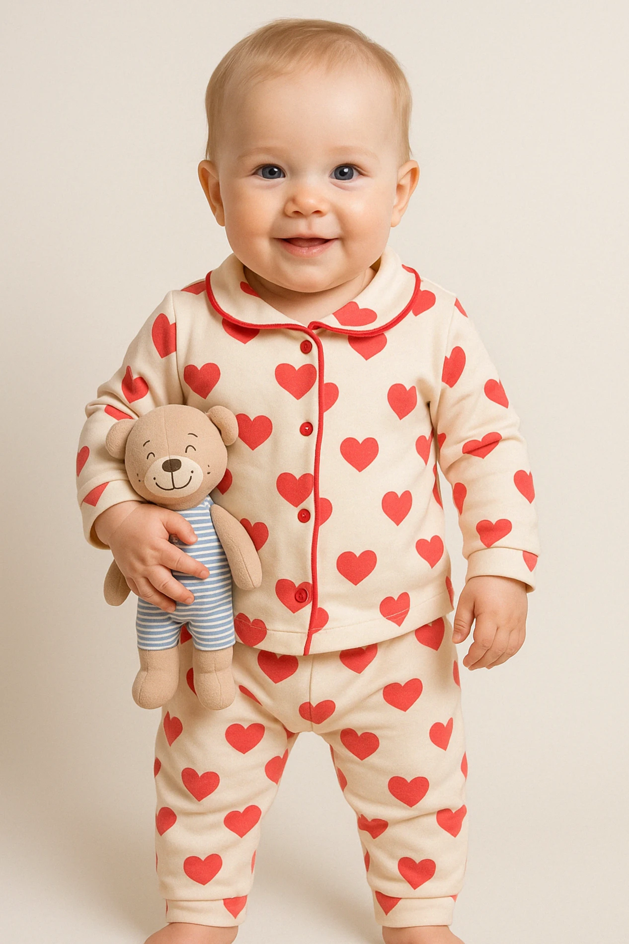 Babycan Kalp Baskılı Düğmeli Lüx Bebek Pijama Takım - Krem