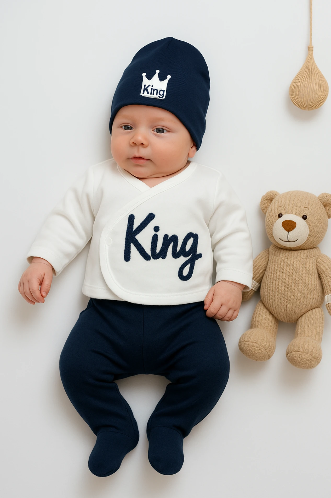 Babyim King Nakışlı Şapkalı 3’lü Bebek Zıbın Takım - Lacivert