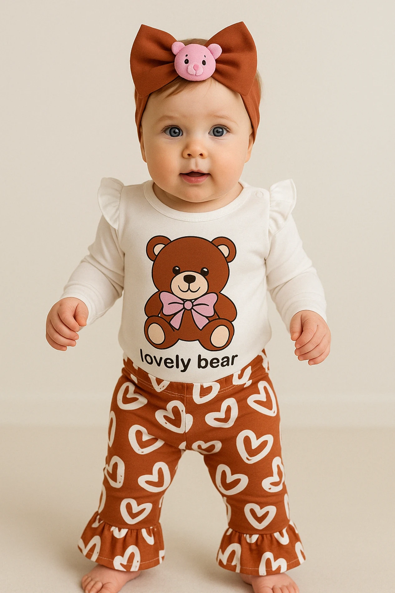 Lovely Bear Baskılı Karpuz Kol Bandanalı 3’lü Bebek Takım - Kahverengi