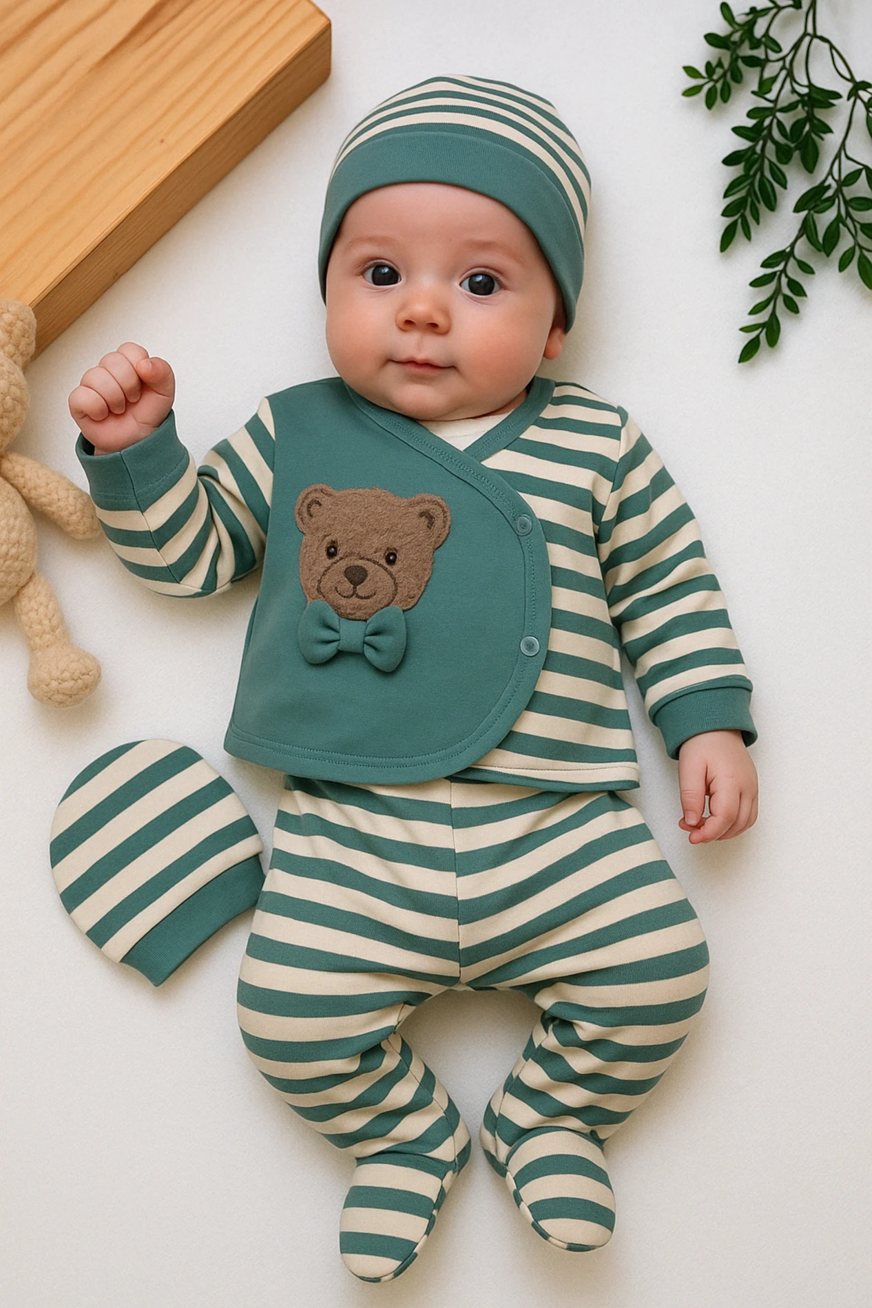 Gonca Papyonlu Ayıcık Çizgili Şapkalı 3’lü Bebek Set