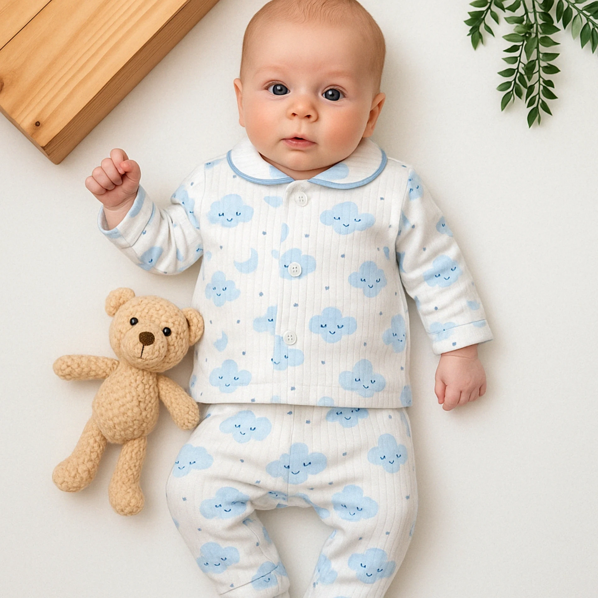 Zem Baby Ay Yıldız Desenli Raporlu Kumaş 2’li Bebek Pijama Takım
