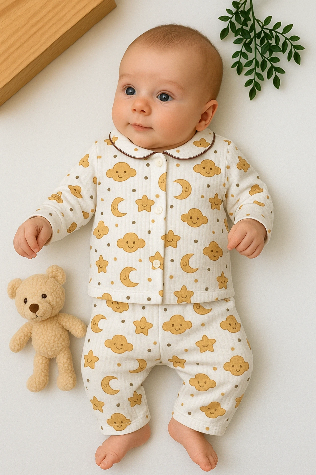 Zem Baby Ay Yıldız Desenli Raporlu Kumaş 2’li Bebek Pijama Takım